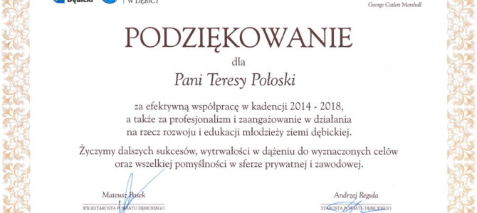 Podziękowanie dla Dyrektora Zespołu Szkół